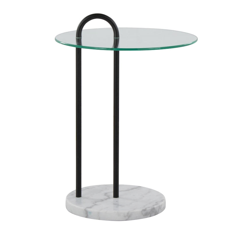 Claire Contemporary/Glam Side Table in White Marble and Black Metal with Clear Glass Table Top by LumiSource