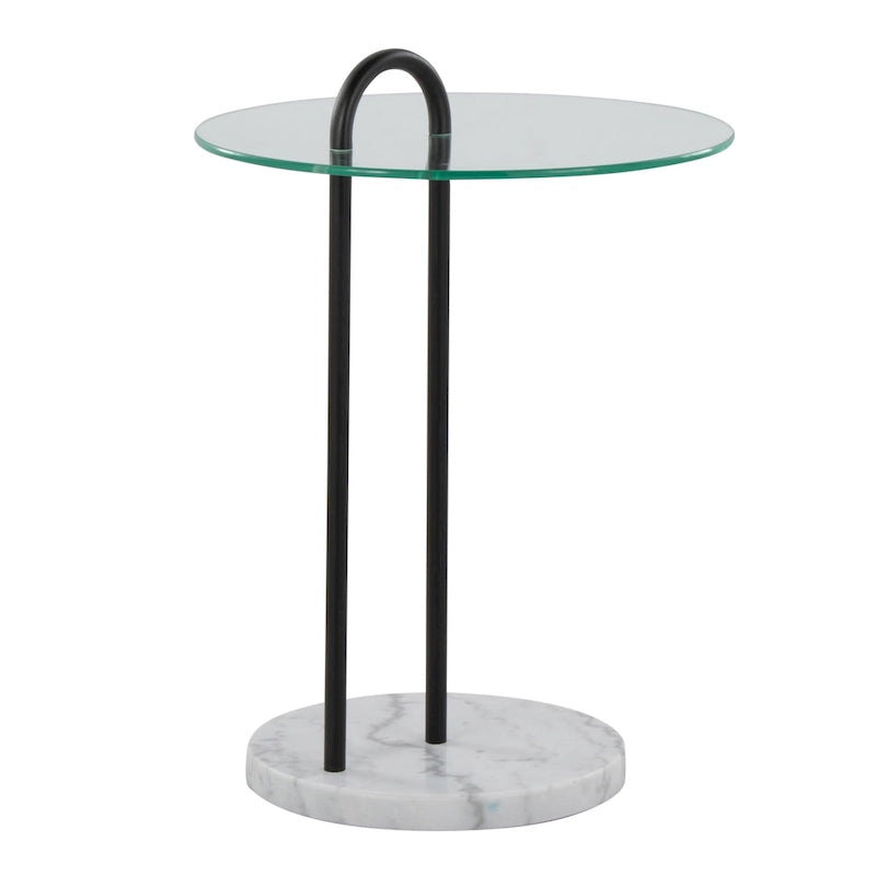 Claire Contemporary/Glam Side Table in White Marble and Black Metal with Clear Glass Table Top by LumiSource