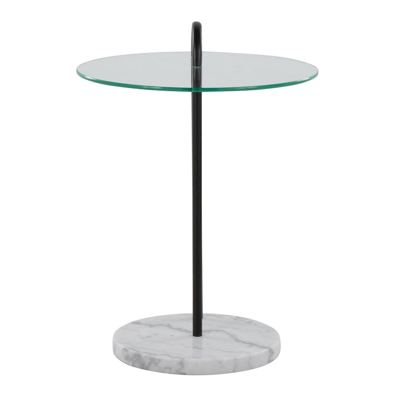 Claire Contemporary/Glam Side Table in White Marble and Black Metal with Clear Glass Table Top by LumiSource
