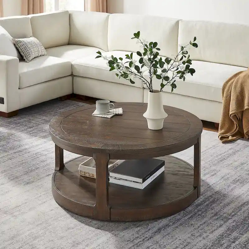 40 inch Large Curved 2 Tier Traditional Round Circle Wooden Center Coffee Table,Mid Century Vintage Design Rounded Wooden Table