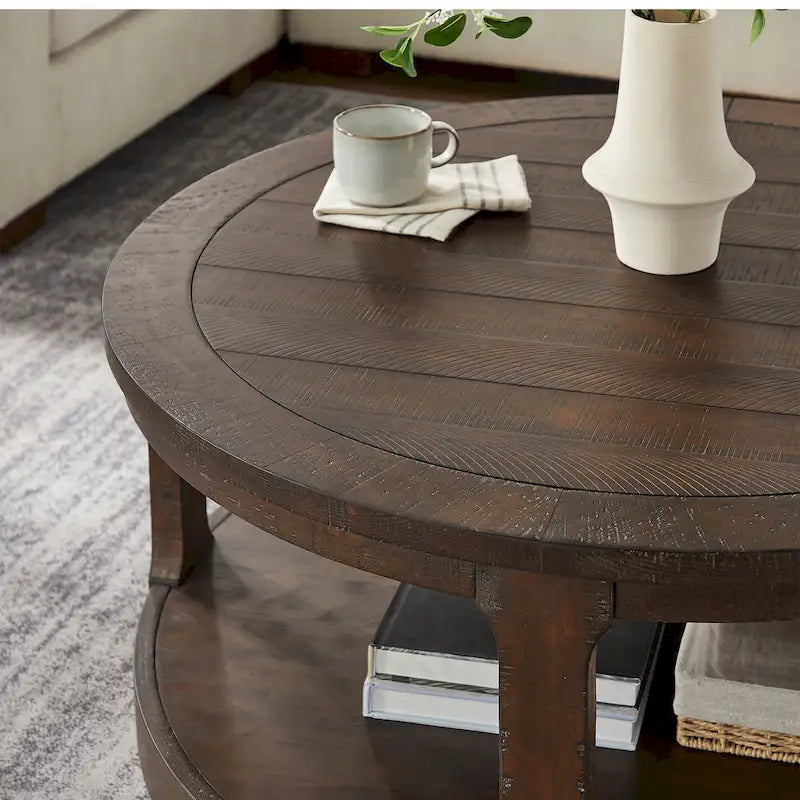 40 inch Large Curved 2 Tier Traditional Round Circle Wooden Center Coffee Table,Mid Century Vintage Design Rounded Wooden Table
