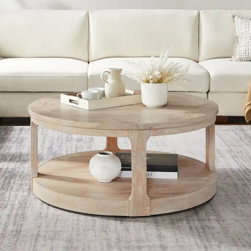 40 inch Large Curved 2 Tier Traditional Round Circle Wooden Center Coffee Table,Mid Century Vintage Design Rounded Wooden Table