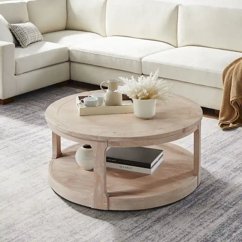 40 inch Large Curved 2 Tier Traditional Round Circle Wooden Center Coffee Table,Mid Century Vintage Design Rounded Wooden Table