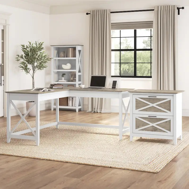 Key West 60W L Desk with 2 Drawer File Cabinet by Bush Furniture
