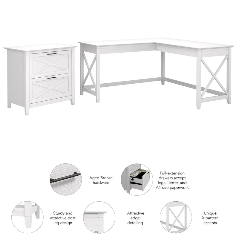 Key West 60W L Desk with 2 Drawer File Cabinet by Bush Furniture