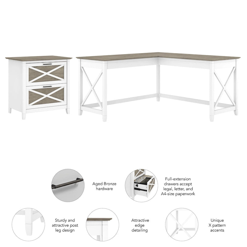 Key West 60W L Desk with 2 Drawer File Cabinet by Bush Furniture