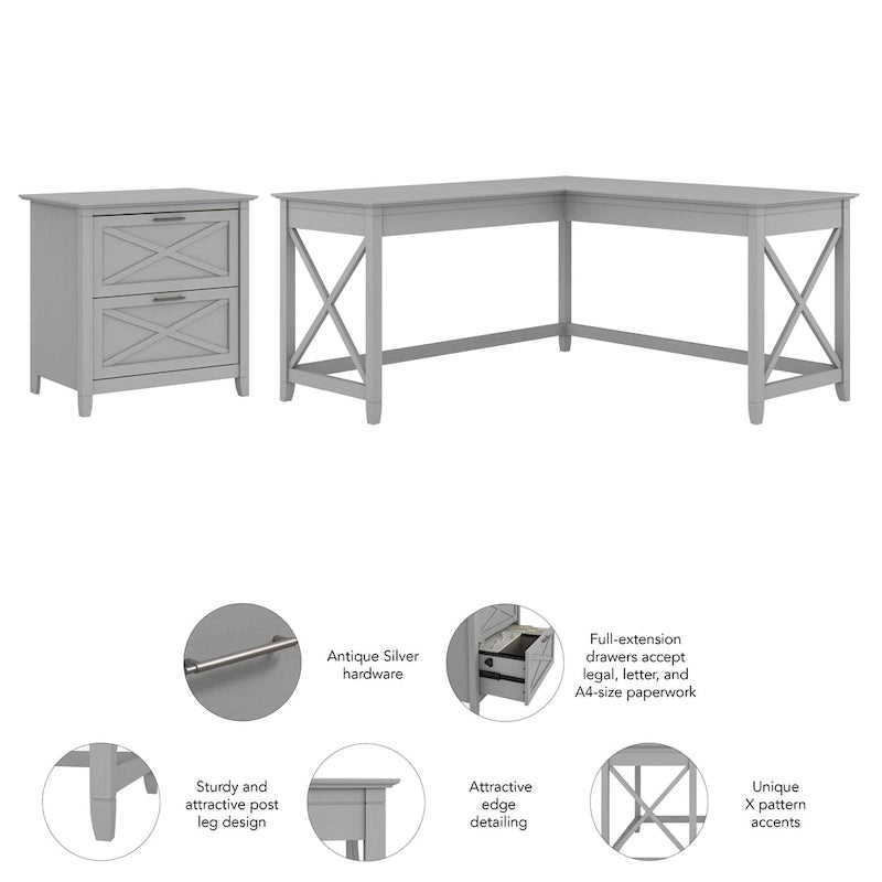 Key West 60W L Desk with 2 Drawer File Cabinet by Bush Furniture