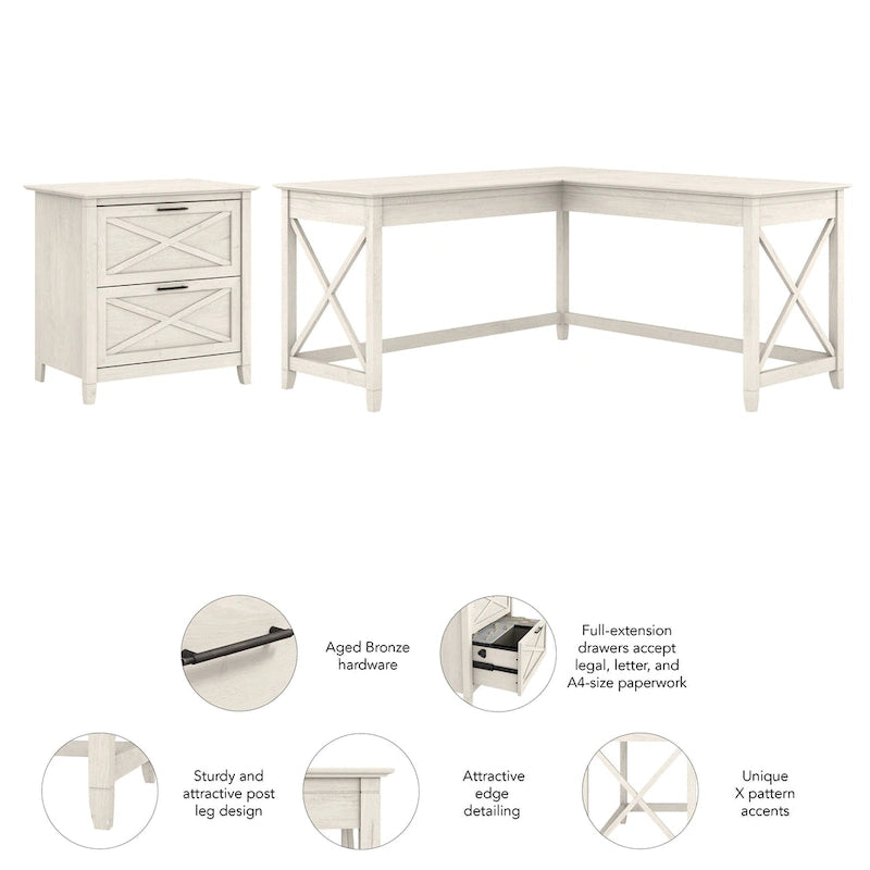Key West 60W L Desk with 2 Drawer File Cabinet by Bush Furniture