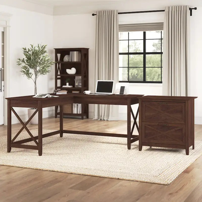 Key West 60W L Desk with 2 Drawer File Cabinet by Bush Furniture