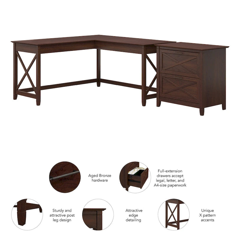 Key West 60W L Desk with 2 Drawer File Cabinet by Bush Furniture