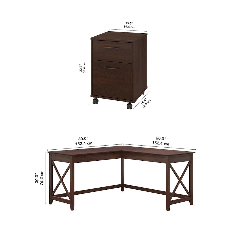 Key West 60W L Desk with 2 Drawer File Cabinet by Bush Furniture
