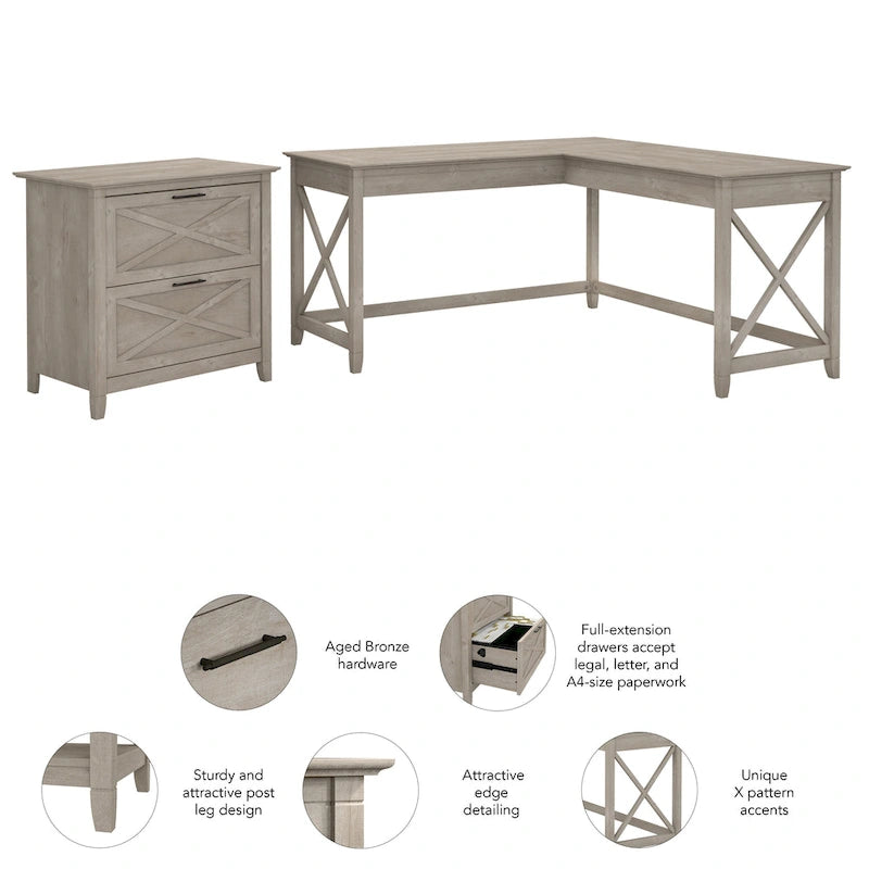 Key West 60W L Desk with 2 Drawer File Cabinet by Bush Furniture