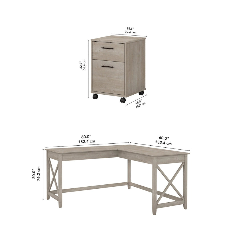 Key West 60W L Desk with 2 Drawer File Cabinet by Bush Furniture