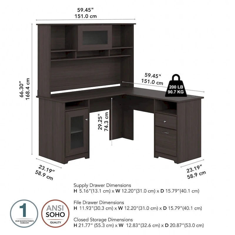 Cabot 60W L-Shaped Desk with Hutch and Storage by Bush Furniture