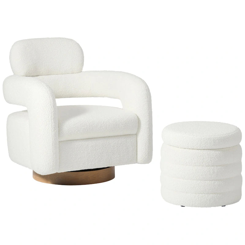 Bayville Sherpa Swivel Chair With Round Storage Ottoman 2-Piece Set