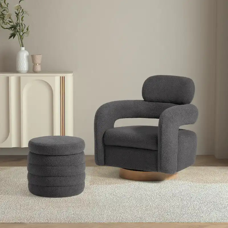 Bayville Sherpa Swivel Chair With Round Storage Ottoman 2-Piece Set