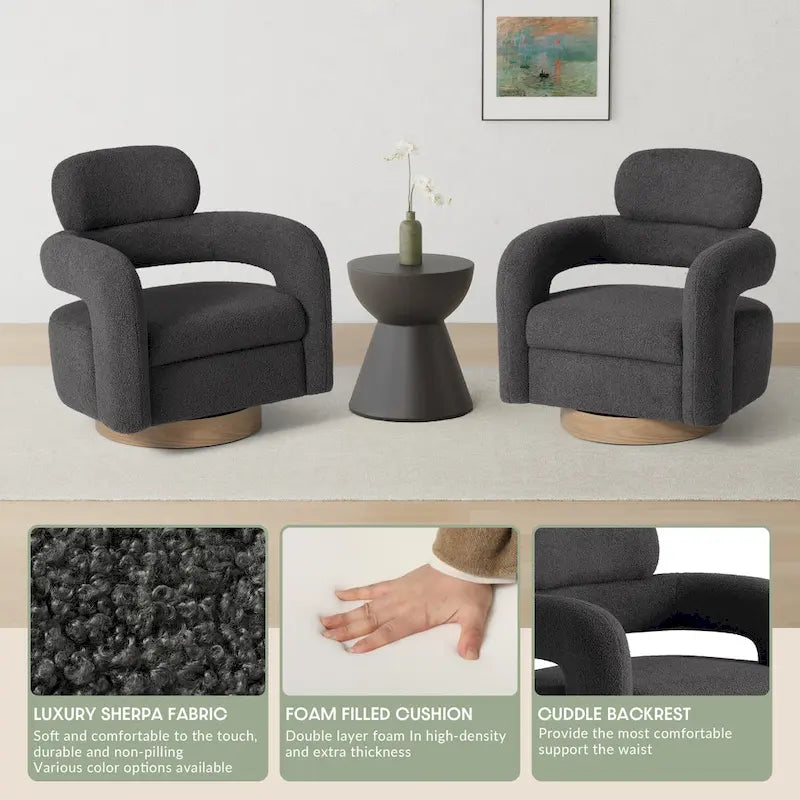 Bayville Sherpa Swivel Chair With Round Storage Ottoman 2-Piece Set