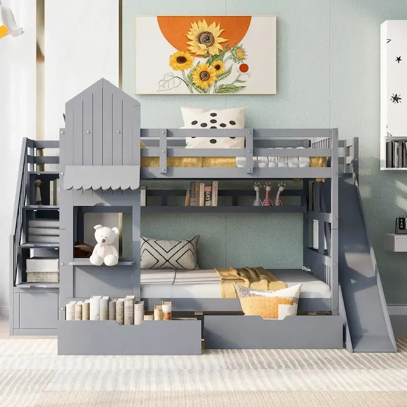 Full-Over-Full Castle Style Bunk Bed with 2 Drawers 3 Shelves and Slide for Kids Teens Adults Space-Saving, Easy Assembly
