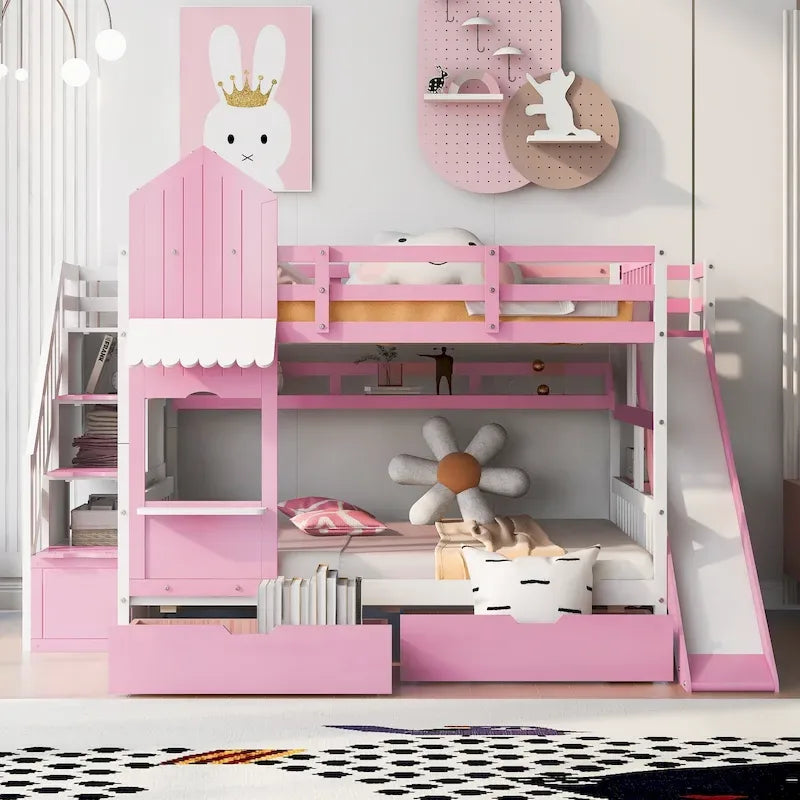 Full-Over-Full Castle Style Bunk Bed with 2 Drawers 3 Shelves and Slide for Kids Teens Adults Space-Saving, Easy Assembly