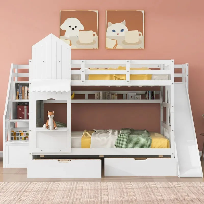 Full-Over-Full Castle Style Bunk Bed with 2 Drawers 3 Shelves and Slide for Kids Teens Adults Space-Saving, Easy Assembly