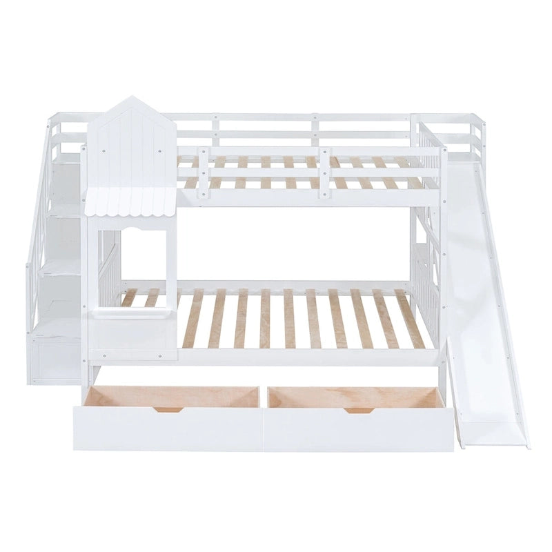 Full-Over-Full Castle Style Bunk Bed with 2 Drawers 3 Shelves and Slide for Kids Teens Adults Space-Saving, Easy Assembly