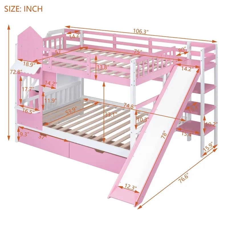 Full-Over-Full Castle Style Bunk Bed with 2 Drawers 3 Shelves and Slide for Kids Teens Adults Space-Saving, Easy Assembly