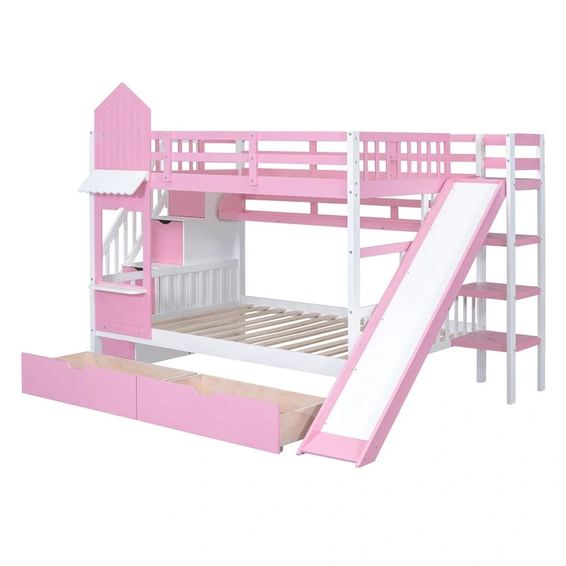 Full-Over-Full Castle Style Bunk Bed with 2 Drawers 3 Shelves and Slide for Kids Teens Adults Space-Saving, Easy Assembly