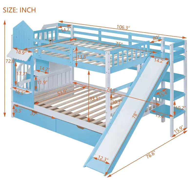 Full-Over-Full Castle Style Bunk Bed with 2 Drawers 3 Shelves and Slide for Kids Teens Adults Space-Saving, Easy Assembly
