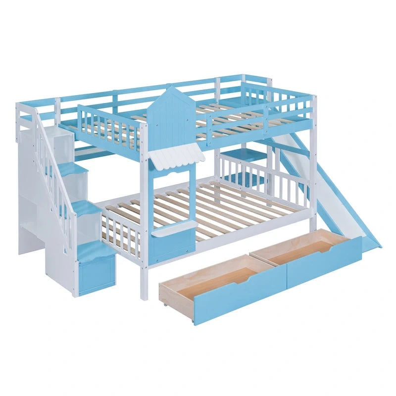 Full-Over-Full Castle Style Bunk Bed with 2 Drawers 3 Shelves and Slide for Kids Teens Adults Space-Saving, Easy Assembly