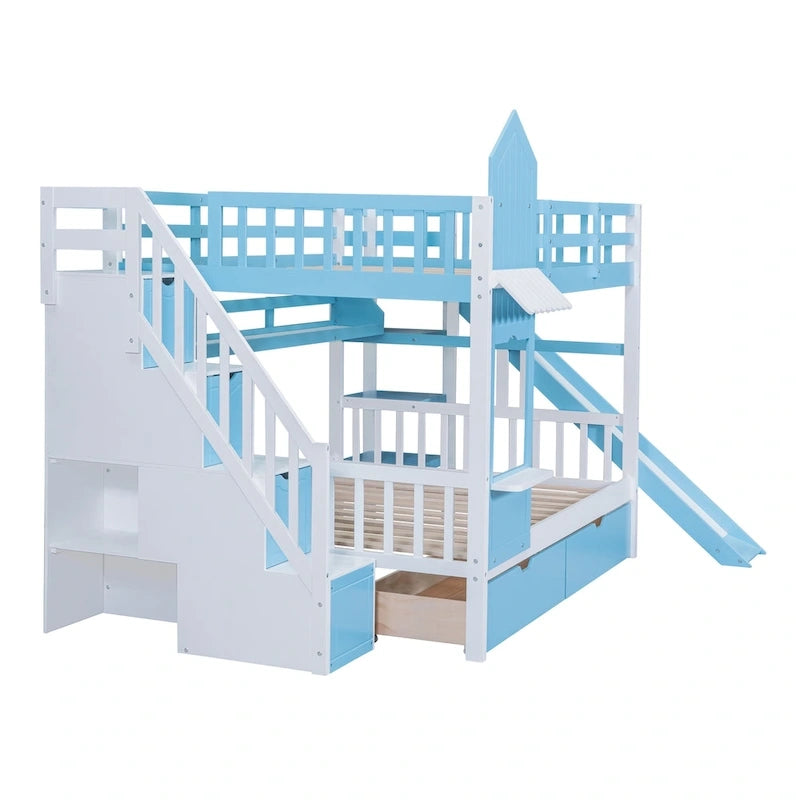 Full-Over-Full Castle Style Bunk Bed with 2 Drawers 3 Shelves and Slide for Kids Teens Adults Space-Saving, Easy Assembly