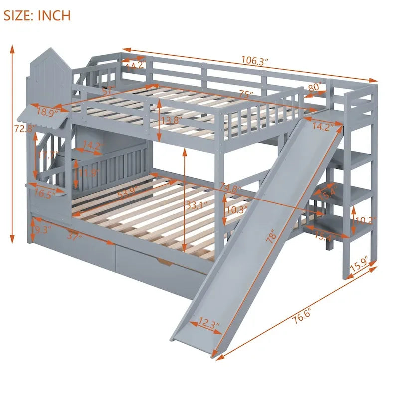 Full-Over-Full Castle Style Bunk Bed with 2 Drawers 3 Shelves and Slide for Kids Teens Adults Space-Saving, Easy Assembly