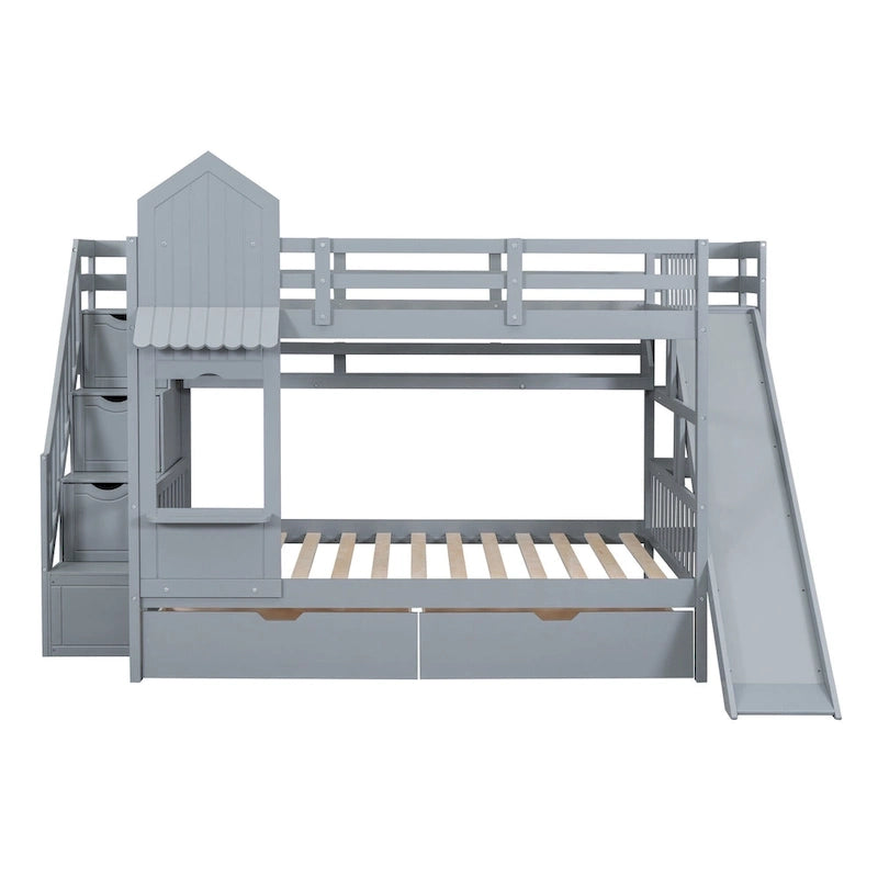 Full-Over-Full Castle Style Bunk Bed with 2 Drawers 3 Shelves and Slide for Kids Teens Adults Space-Saving, Easy Assembly