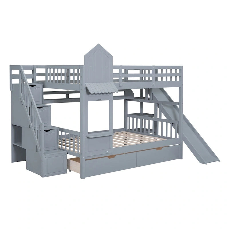 Full-Over-Full Castle Style Bunk Bed with 2 Drawers 3 Shelves and Slide for Kids Teens Adults Space-Saving, Easy Assembly