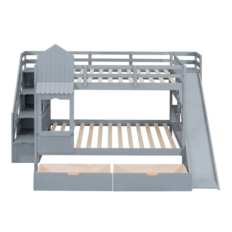Full-Over-Full Castle Style Bunk Bed with 2 Drawers 3 Shelves and Slide for Kids Teens Adults Space-Saving, Easy Assembly