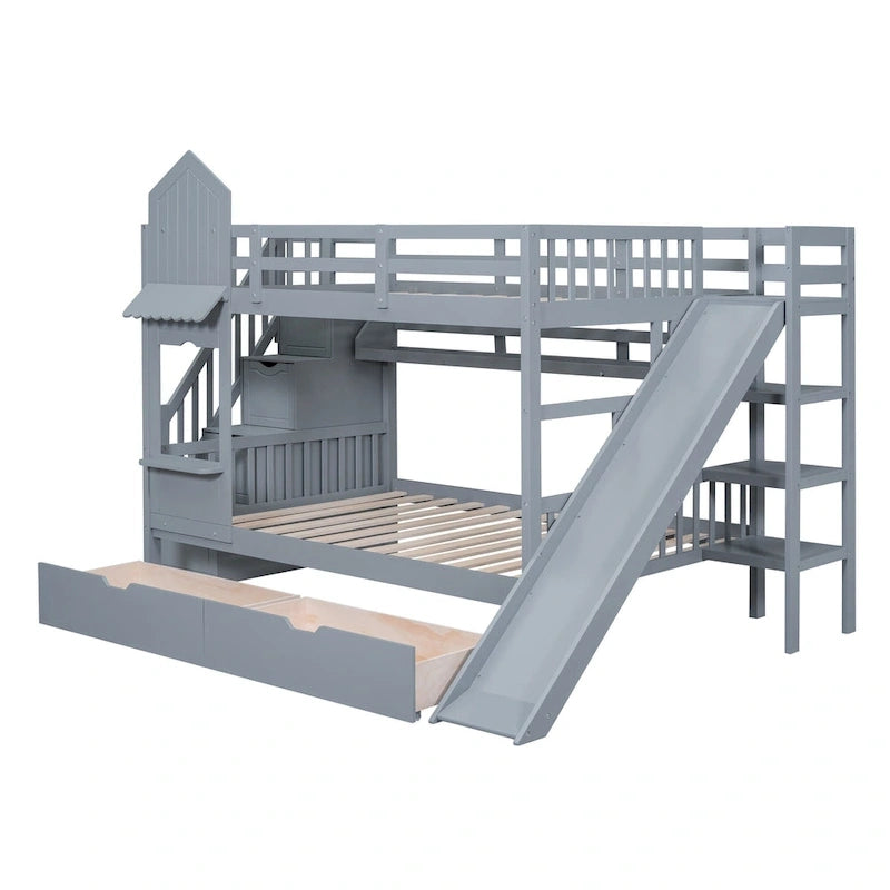 Full-Over-Full Castle Style Bunk Bed with 2 Drawers 3 Shelves and Slide for Kids Teens Adults Space-Saving, Easy Assembly