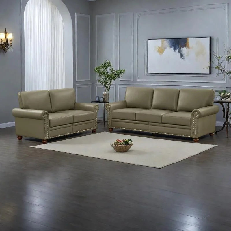 2-Pieces Mid-Century Modern Faux Leather Sofa Set with Storage, 3+2 Seater