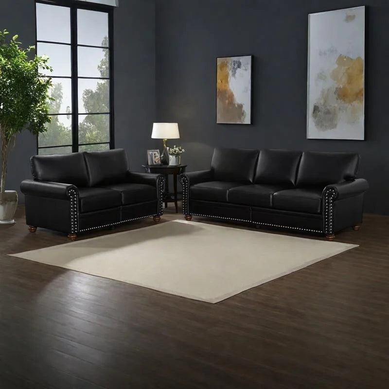 2-Pieces Mid-Century Modern Faux Leather Sofa Set with Storage, 3+2 Seater