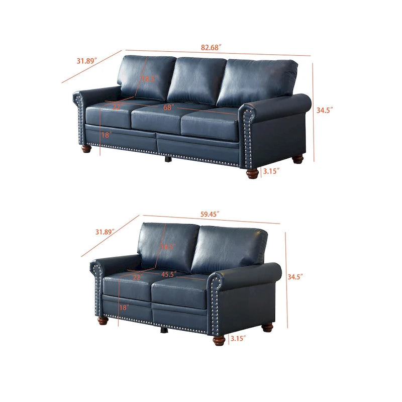 2-Pieces Mid-Century Modern Faux Leather Sofa Set with Storage, 3+2 Seater