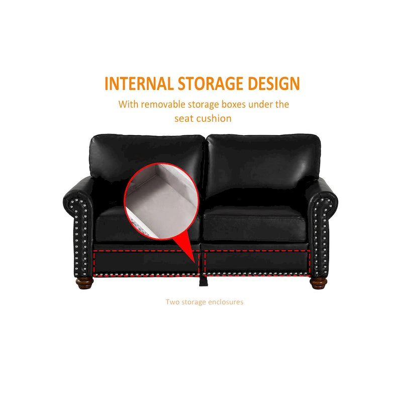 2-Pieces Mid-Century Modern Faux Leather Sofa Set with Storage, 3+2 Seater