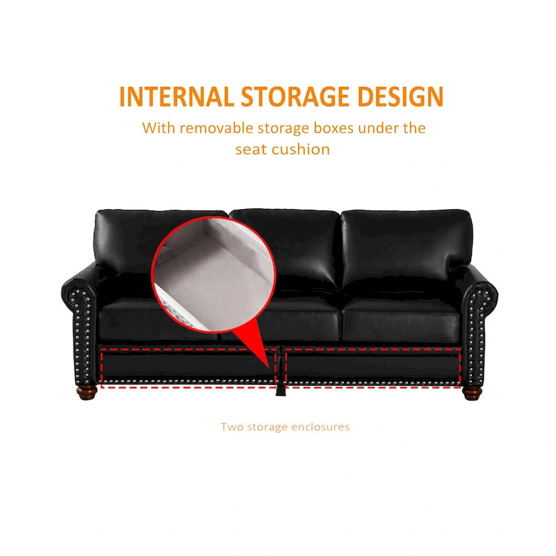 2-Pieces Mid-Century Modern Faux Leather Sofa Set with Storage, 3+2 Seater
