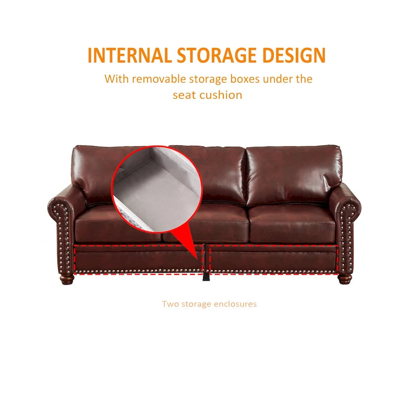 2-Pieces Mid-Century Modern Faux Leather Sofa Set with Storage, 3+2 Seater