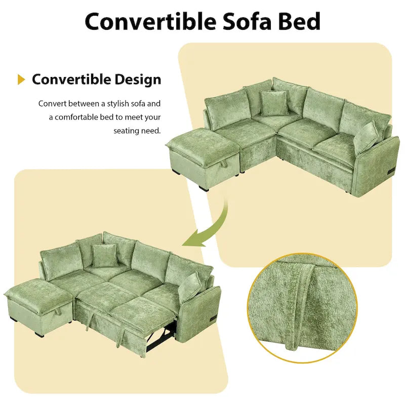 L-Shaped Sectional Pull Out Sofa 4-Seater Convertible Couch with 2 USB Ports Power Sockets and Movable Storage Ottoman