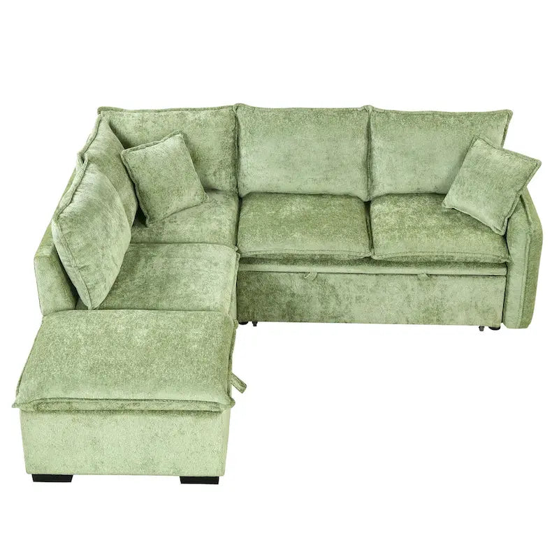 L-Shaped Sectional Pull Out Sofa 4-Seater Convertible Couch with 2 USB Ports Power Sockets and Movable Storage Ottoman