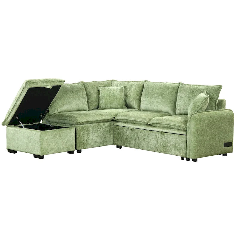 L-Shaped Sectional Pull Out Sofa 4-Seater Convertible Couch with 2 USB Ports Power Sockets and Movable Storage Ottoman