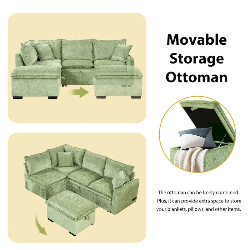 L-Shaped Sectional Pull Out Sofa 4-Seater Convertible Couch with 2 USB Ports Power Sockets and Movable Storage Ottoman
