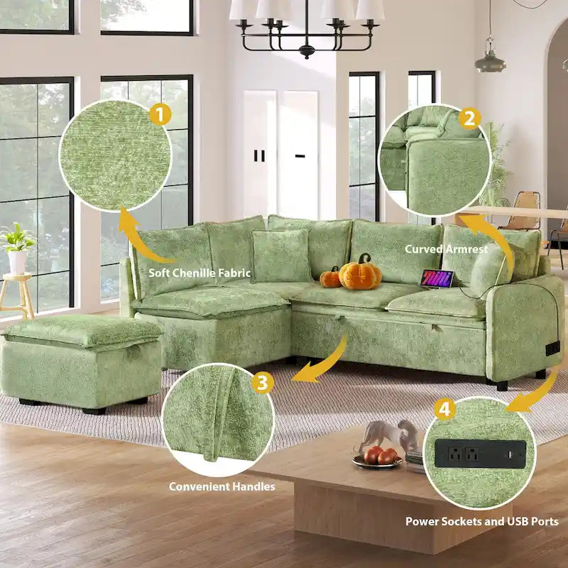 L-Shaped Sectional Pull Out Sofa 4-Seater Convertible Couch with 2 USB Ports Power Sockets and Movable Storage Ottoman