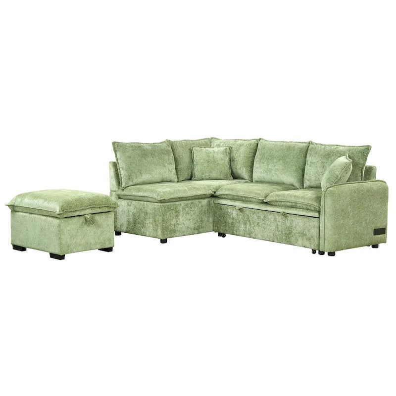 L-Shaped Sectional Pull Out Sofa 4-Seater Convertible Couch with 2 USB Ports Power Sockets and Movable Storage Ottoman