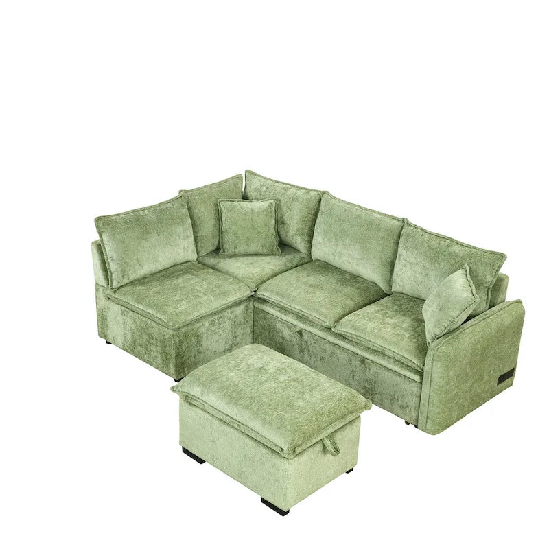 L-Shaped Sectional Pull Out Sofa 4-Seater Convertible Couch with 2 USB Ports Power Sockets and Movable Storage Ottoman