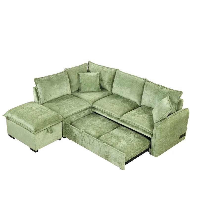L-Shaped Sectional Pull Out Sofa 4-Seater Convertible Couch with 2 USB Ports Power Sockets and Movable Storage Ottoman