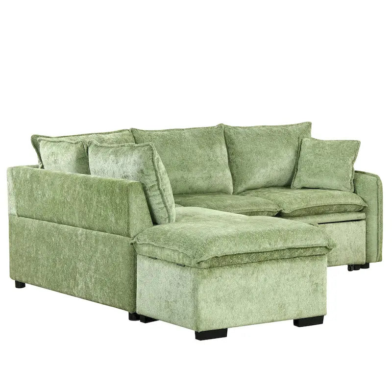 L-Shaped Sectional Pull Out Sofa 4-Seater Convertible Couch with 2 USB Ports Power Sockets and Movable Storage Ottoman